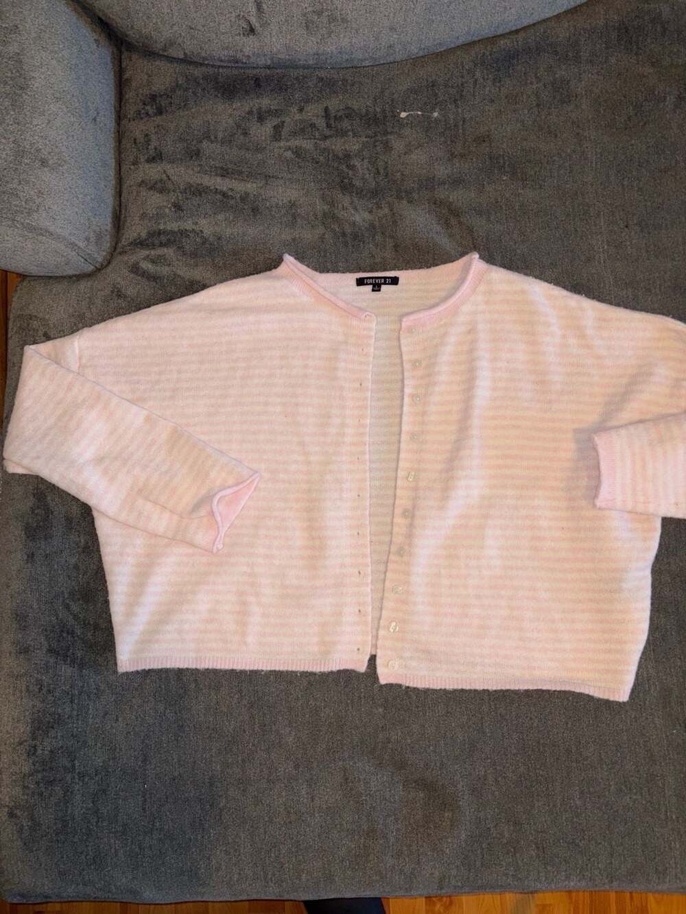 Forever 21 Cardigan Size L Pink White Striped Button-Up Sweater